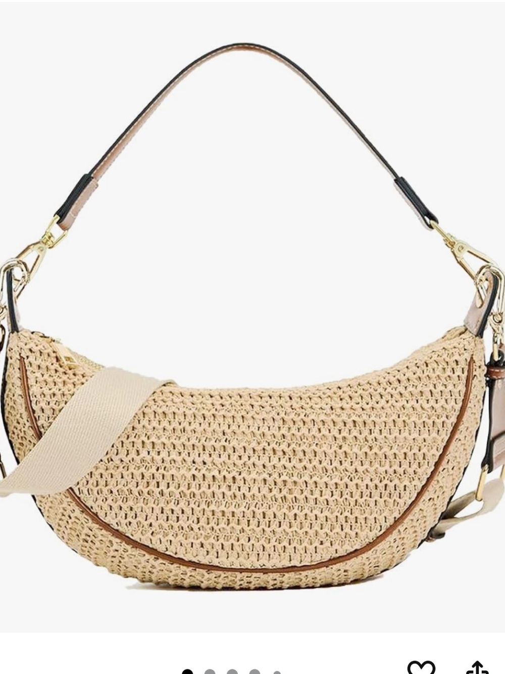 Woven Crescent Crossbody Bag in Cream with Tan Trim - Picture 1 of 8